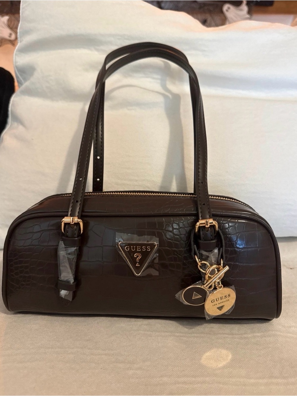 GUESS Dark Brown Croc-Embossed Shoulder Satchel with Gold Hardware